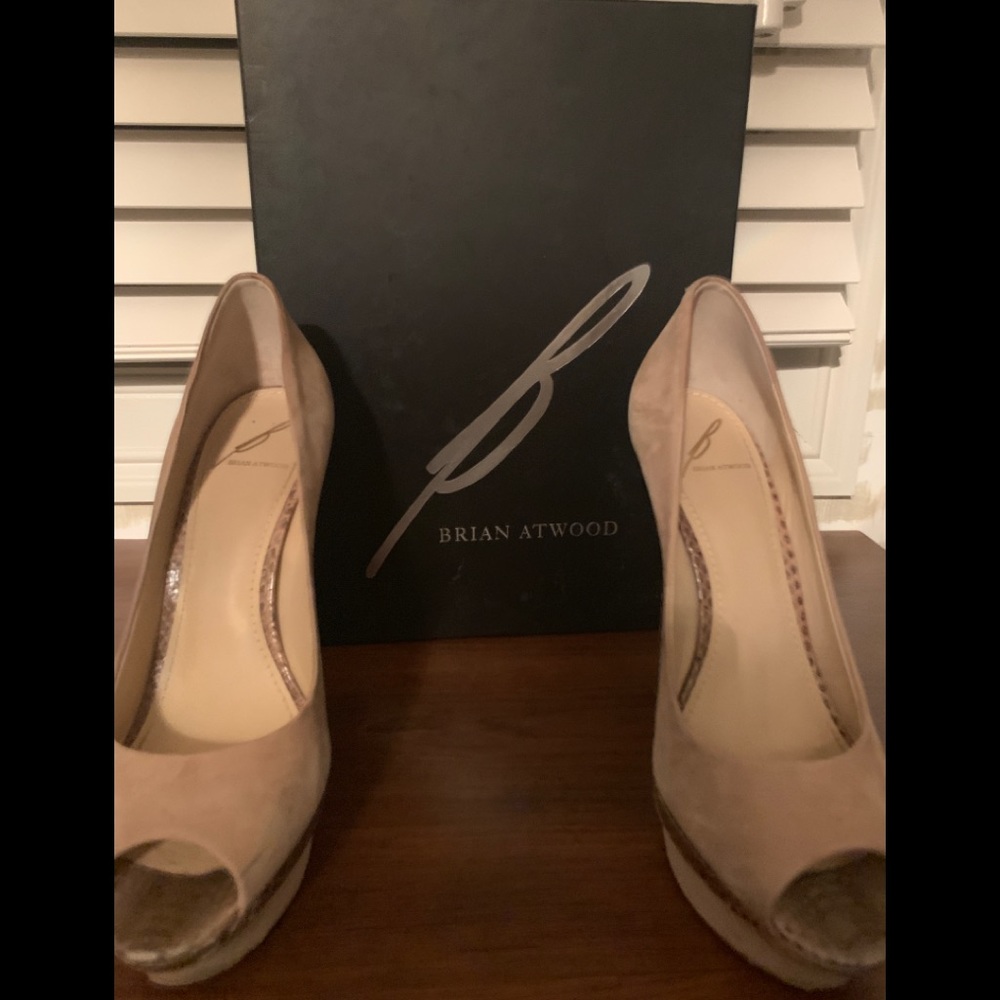 Brian Atwood suede and snake platform pumps